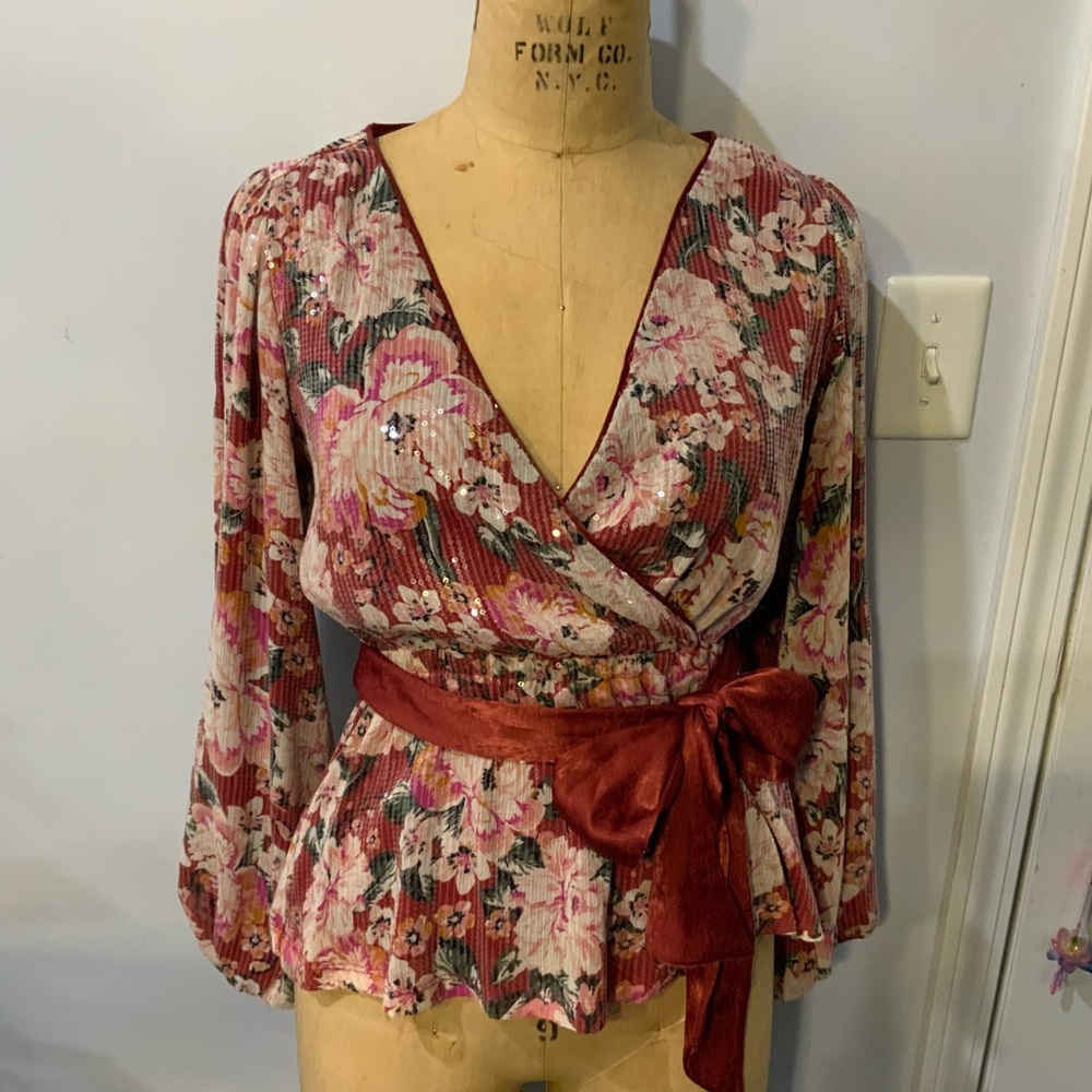 LC Lauren Conrad Pink Floral Wrap Blouse